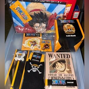 One Piece Set - Pen, Journal. Coin Bank. Pin, Decal, Socks, Flag